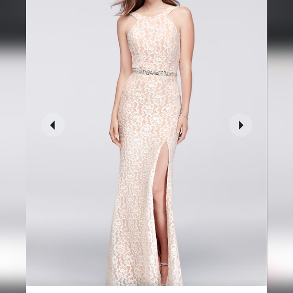 Long Lace Dress with Cutaway Bodice and Slit Skirt - Picture 13 of 14